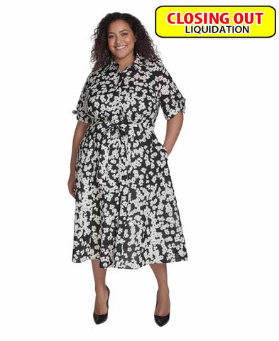 Image of Calvin Klein Plus Size Cotton Floral Tie-Cuff Shirtdress