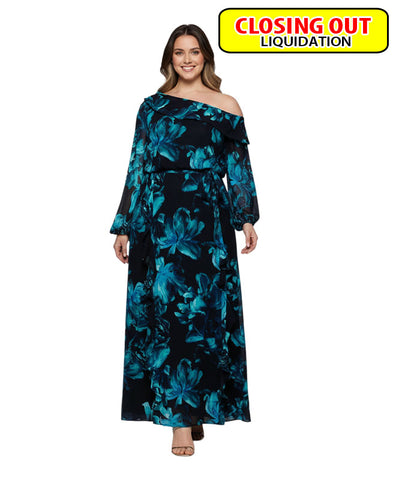 Image of XSCAPE Plus Size Printed Asymmetrical-Neckline Long Dress