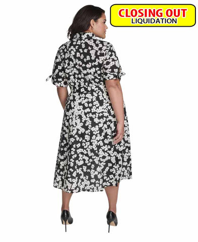 Image of Calvin Klein Plus Size Cotton Floral Tie-Cuff Shirtdress