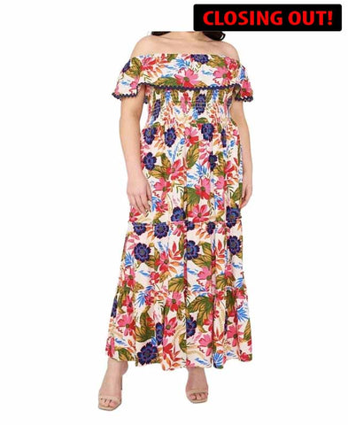 Image of MSK Plus Size Floral Off-The-Shoulder Smocked Maxi Dress | Size: 2X =18W-20W (SKU:3A)