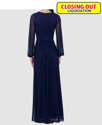 Image of Betsy & Adam Women's Blue Side-Beaded V-Neck Long Sleeve Dress