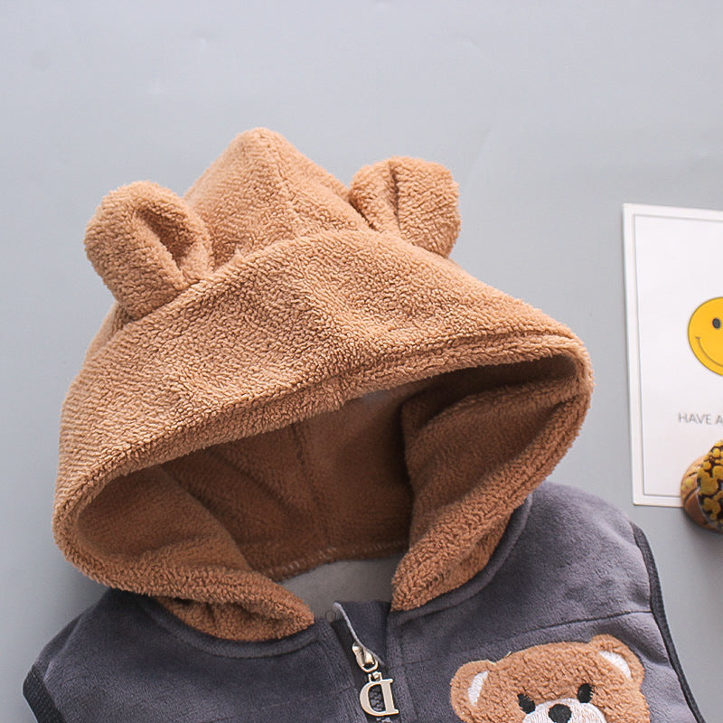 3in1 Set, Flannel Hooded Vest & Jogger Pants Set, Toddler Kid's Clothes Thermal Velvet Outfit