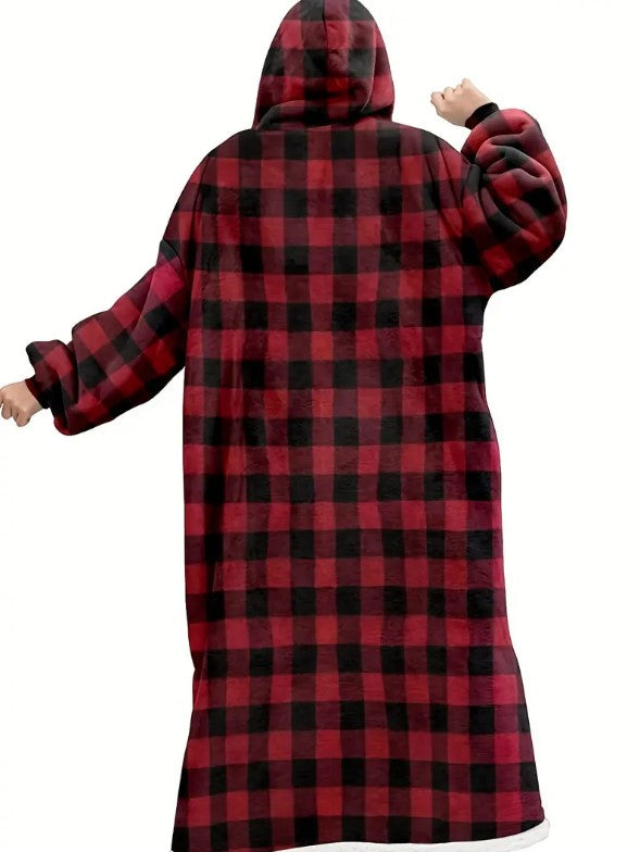 PLAID RED Long Sleeve Plus Size Oversized Hooded Flannel Wearable Blanket With Pockets
