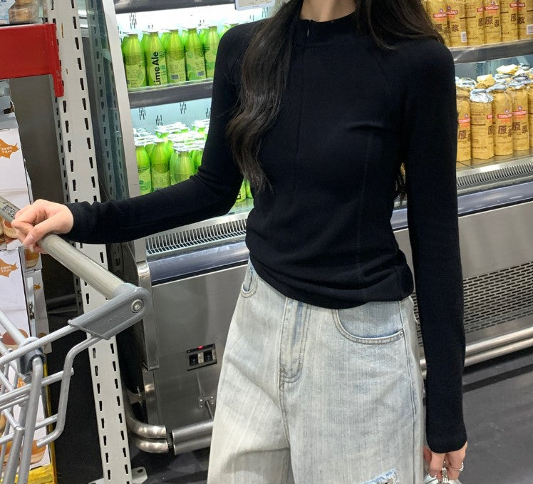 Autumn and Winter Women's Long-sleeved Half turtleneck with Hidden Zipper Tight-fitting Shirt for women