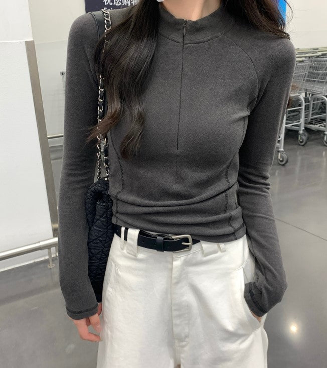 Autumn and Winter Women's Long-sleeved Half turtleneck with Hidden Zipper Tight-fitting Shirt for women