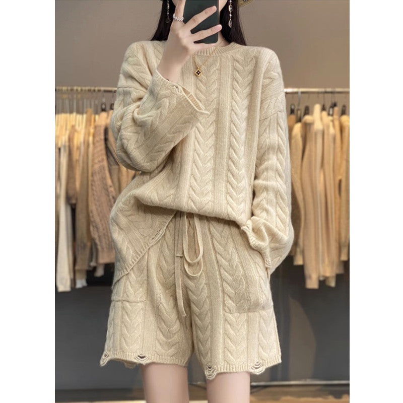 Two-piece set high-waist Knitted shorts and Lazy style Loose cashmere Sweater - ONE SIZE ONLY