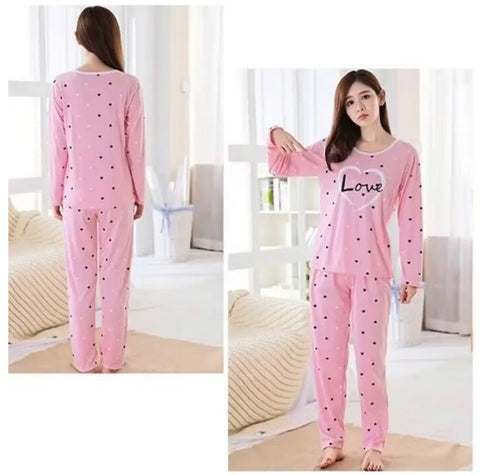 Image of Two-piece Lightweight Long Sleeves Shirt + Long Pants Pajamas for Women - LOVE HEART