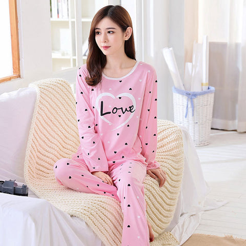 Image of Two-piece Lightweight Long Sleeves Shirt + Long Pants Pajamas for Women - LOVE HEART