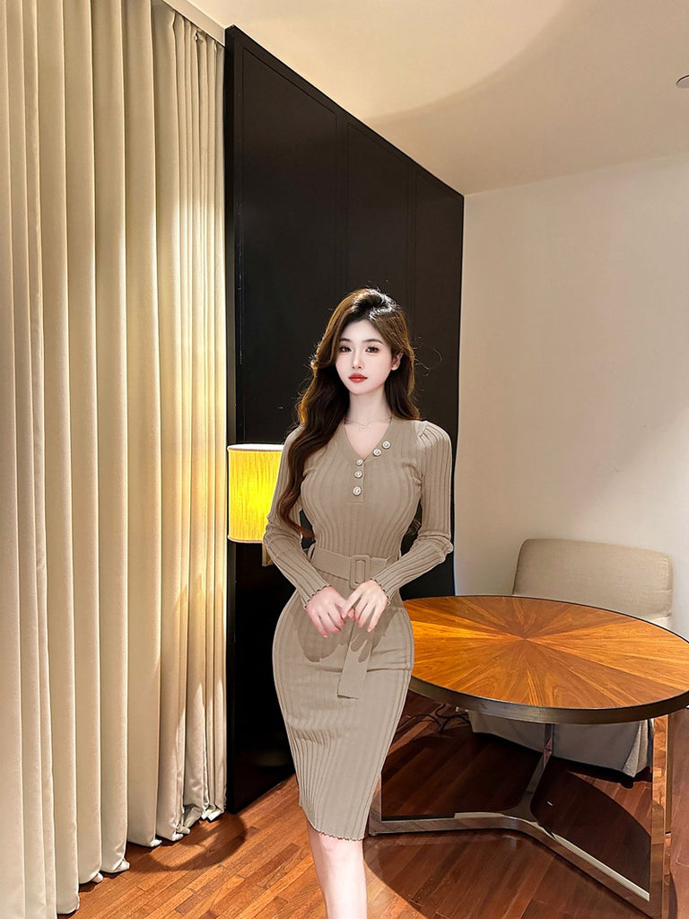 V-neck Knitted Buttons Long sleeve Dress with Belt - One size only
