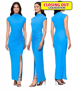 Betsy & Adam Women's Mock Neck Cap Sleeve Ruched Gown