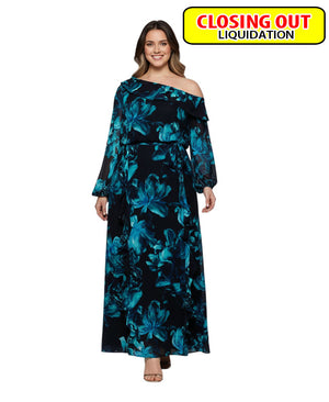 XSCAPE Plus Size Printed Asymmetrical-Neckline Long Dress