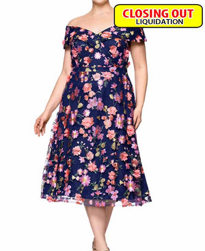 XSCAPE Plus Size 3D-Floral Embroidered Off-The-Shoulder Dress