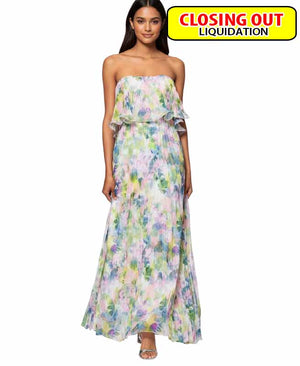 Betsy & Adam Women's Printed Pleated Strapless Gown