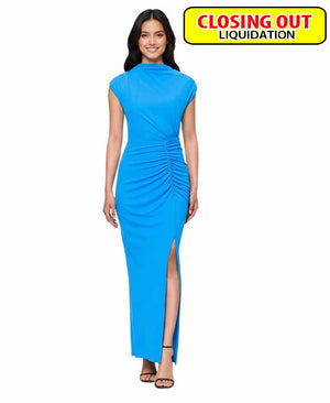 Betsy & Adam Women's Mock Neck Cap Sleeve Ruched Gown