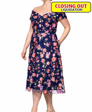 XSCAPE Plus Size 3D-Floral Embroidered Off-The-Shoulder Dress