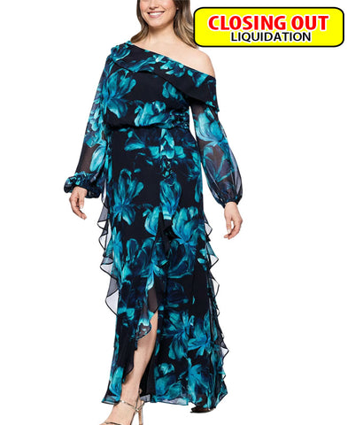 Image of XSCAPE Plus Size Printed Asymmetrical-Neckline Long Dress