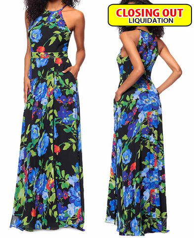 Image of B&A By Betsy and Adam Betsy & Adam Women's Printed Chiffon Halter-Neck Gown