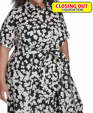 Image of Calvin Klein Plus Size Cotton Floral Tie-Cuff Shirtdress