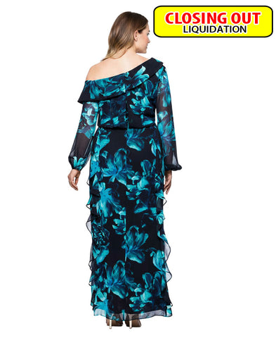 Image of XSCAPE Plus Size Printed Asymmetrical-Neckline Long Dress