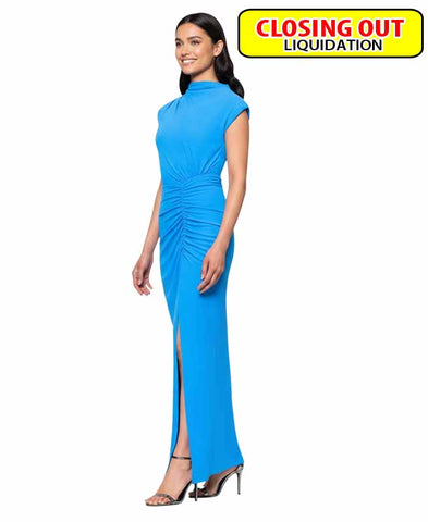 Image of Betsy & Adam Women's Mock Neck Cap Sleeve Ruched Gown