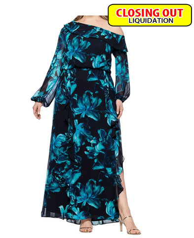 Image of XSCAPE Plus Size Printed Asymmetrical-Neckline Long Dress