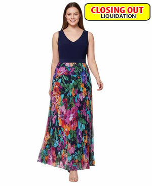 XSCAPE Plus Size V-Neck Sleeveless Pr Navy Multi