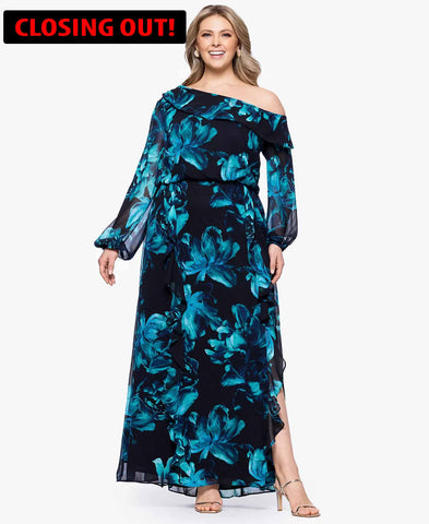 Image of XSCAPE Plus Size Printed Asymmetrical Black Teal 22W (CODE:12A)