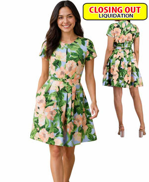 Tahari Women's Floral Belted Pleated Short-Sleeve Dress