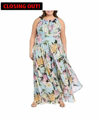 Image of R & M Richards Plus Size Floral Print Keyhole Halter Neck Long Dress Size:14W (Code 9A)