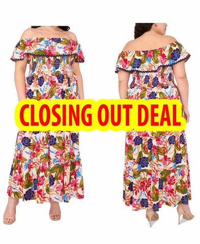 Image of MSK Plus Size Floral Off-The-Shoulder Smocked Maxi Dress | Size: 1X =14W-16W (SKU:4A)