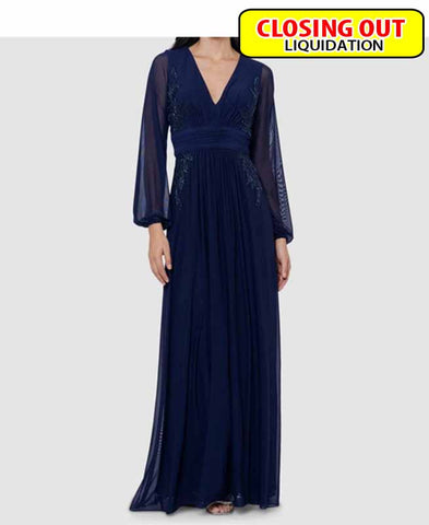 Image of Betsy & Adam Women's Blue Side-Beaded V-Neck Long Sleeve Dress