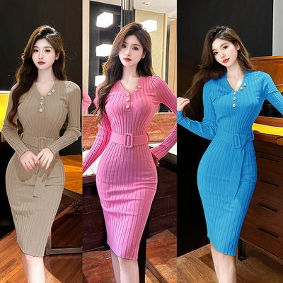 Image of V-neck Knitted Buttons Long sleeve Dress with Belt - One size only