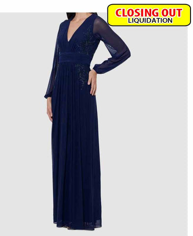 Image of Betsy & Adam Women's Blue Side-Beaded V-Neck Long Sleeve Dress