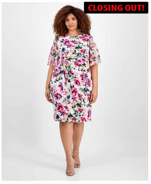 Connected Plus Size Printed Boat-Neck Flutter-Sleeve Dress | Size: 24W (SKU:8A)