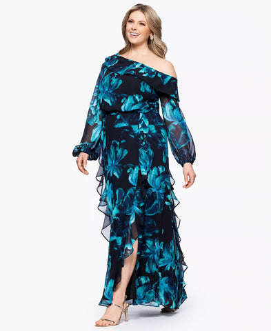 Image of XSCAPE Plus Size Printed Asymmetrical Black Teal 22W (CODE:12A)