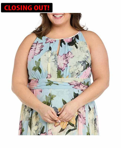 Image of R & M Richards Plus Size Floral Print Keyhole Halter Neck Long Dress Size:14W (Code 9A)