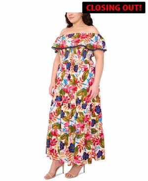 MSK Plus Size Floral Off-The-Shoulder Smocked Maxi Dress | Size: 1X =14W-16W (SKU:4A)
