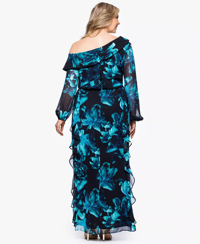 Image of XSCAPE Plus Size Printed Asymmetrical Black Teal 22W (CODE:12A)
