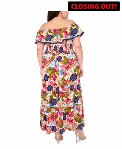 Image of MSK Plus Size Floral Off-The-Shoulder Smocked Maxi Dress | Size: 1X =14W-16W (SKU:4A)