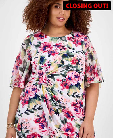 Image of Connected Plus Size Printed Boat-Neck Flutter-Sleeve Dress | Size: 24W (SKU:8A)