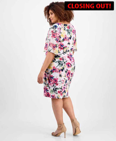 Image of Connected Plus Size Printed Boat-Neck Flutter-Sleeve Dress | Size: 24W (SKU:8A)