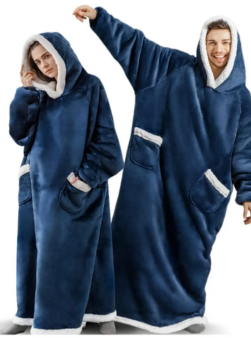 Image of Solid BLUE Long Sleeve Plus Size Oversized Hooded Flannel Wearable Blanket With Pockets