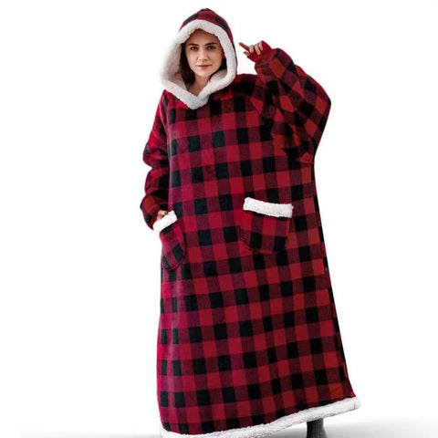 Image of PLAID RED Long Sleeve Plus Size Oversized Hooded Flannel Wearable Blanket With Pockets