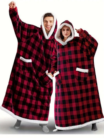 Image of PLAID RED Long Sleeve Plus Size Oversized Hooded Flannel Wearable Blanket With Pockets