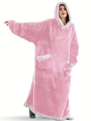 Solid PINK Long Sleeve Plus Size Oversized Hooded Flannel Wearable Blanket With Pockets