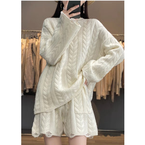 Two-piece set high-waist Knitted shorts and Lazy style Loose cashmere Sweater - ONE SIZE ONLY