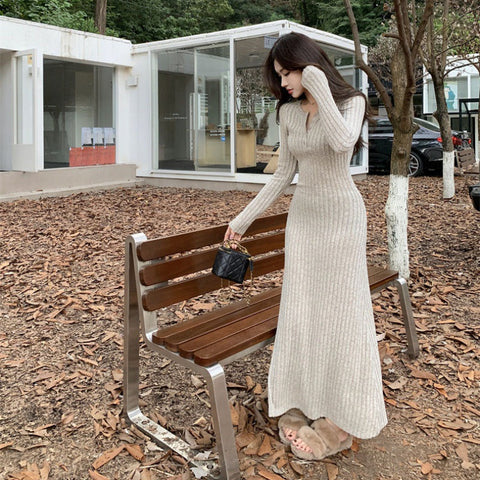 Image of Knitted Sweater Long Dress Skirt for Women Autumn and Winter