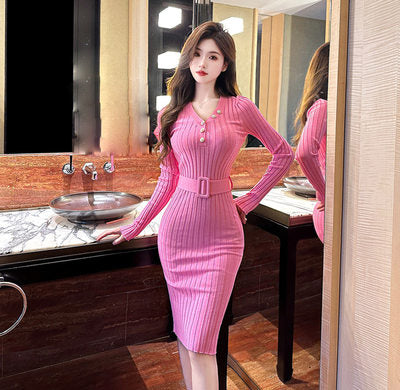 Image of V-neck Knitted Buttons Long sleeve Dress with Belt - One size only